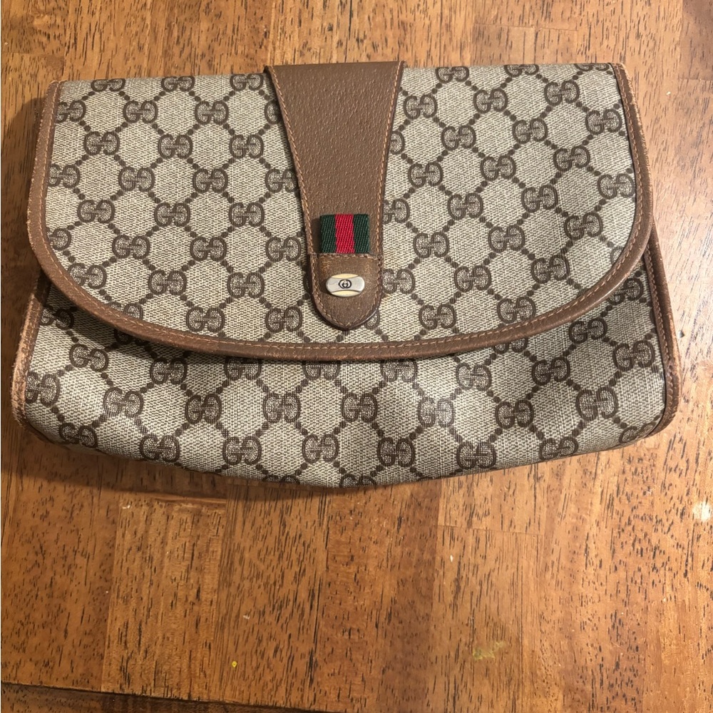 Gucci Beige and Brown Monogram Clutch with Green and Red Accent